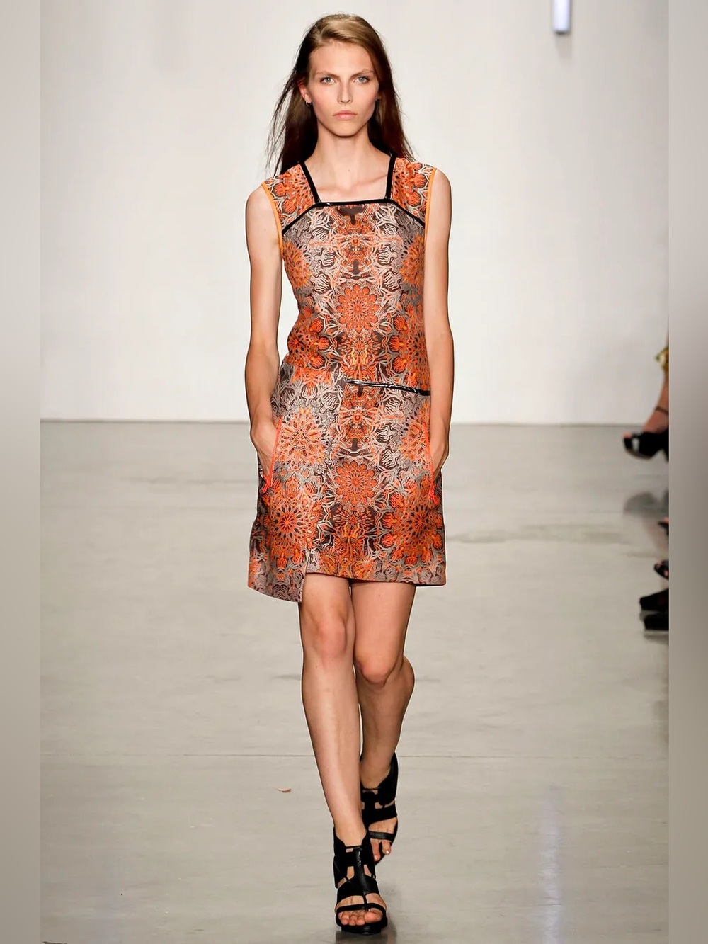 Helmut Lang Orange and Black Floral Jacquard Mini Dress